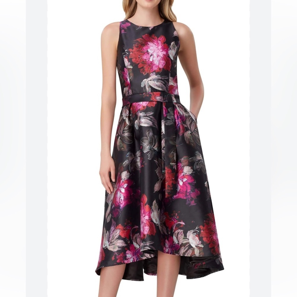 TAHARI ASL Women’s Floral Jacquard Fit and Flare Dress size 4 black pink Party